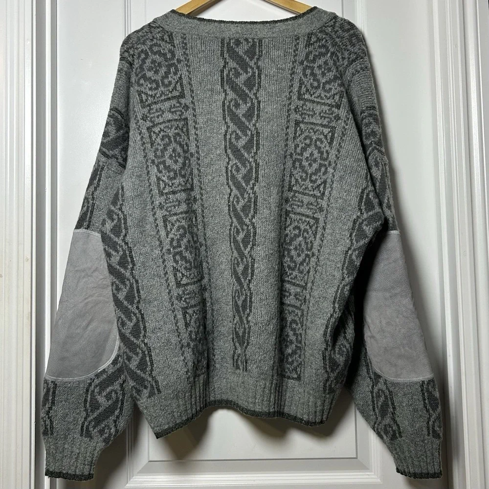 Damon Vintage V-Neck Patterned Design Elbow Patches Gray Cardigan Academic Style